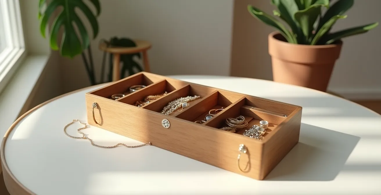 Ein geöffnetes Schmuckkästchen, das verschiedene Fächer mit Schmuckstücken aus unterschiedlichen Epochen und Lebensphasen zeigt.