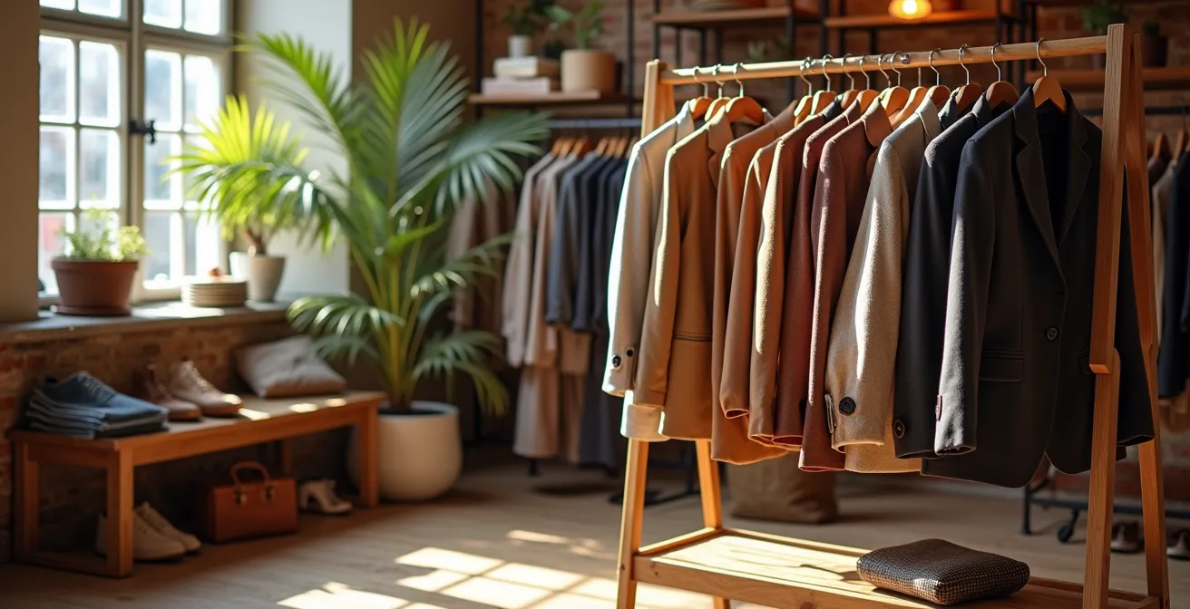 Auswahl hochwertiger Vintage-Kleidung auf einem Second-Hand-Markt