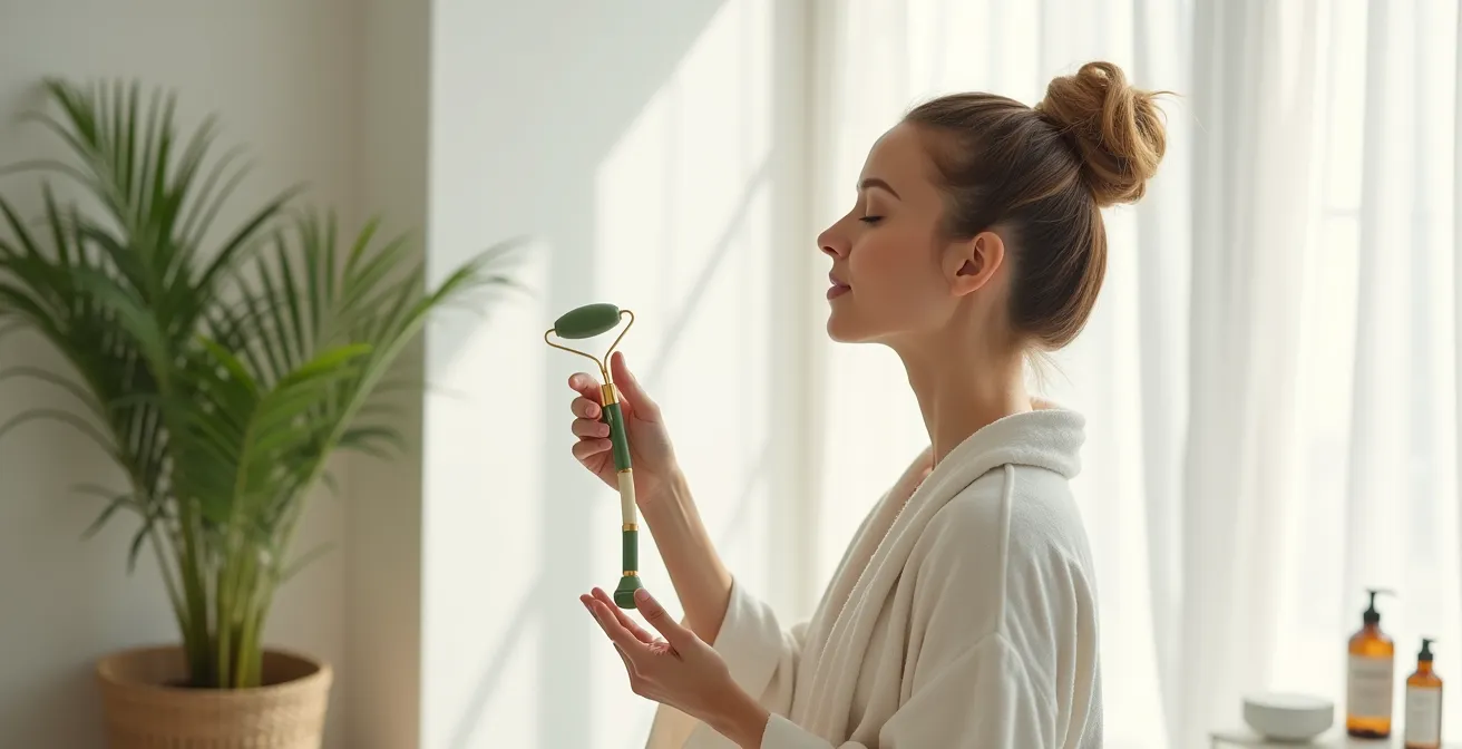 Frau bei achtsamer Gesichtsmassage im minimalistischen Ambiente