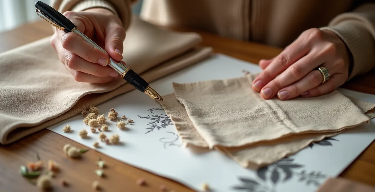 Persönliches Stil-Tagebuch mit Stoffproben und handschriftlichen Notizen