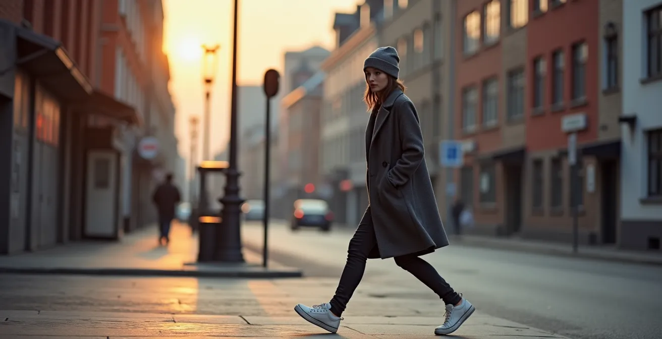 Person trägt eleganten Mantel mit sportlichen Sneakern
