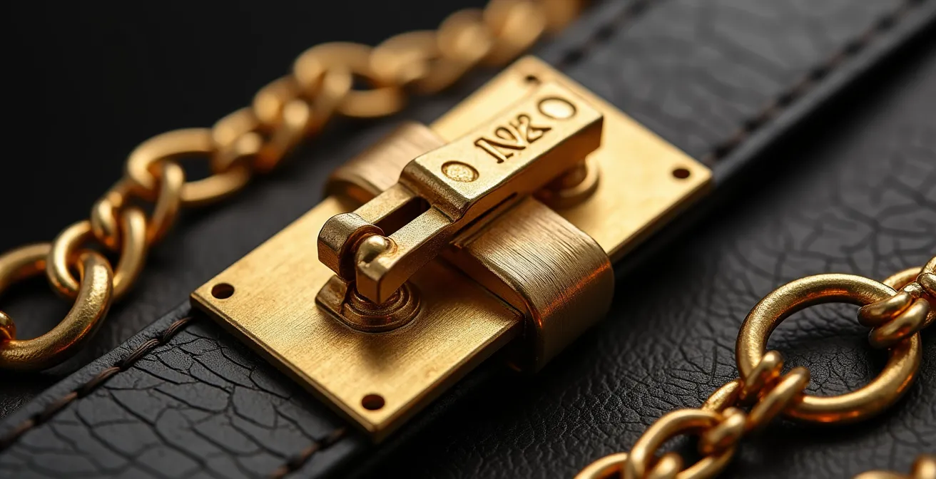 Detailaufnahme von Taschendetails und harmonierendem Schmuck in Makroperspektive