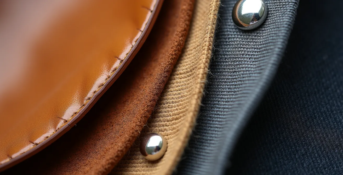 Nahaufnahme verschiedener Texturen und Materialien von Accessoires harmonisch arrangiert