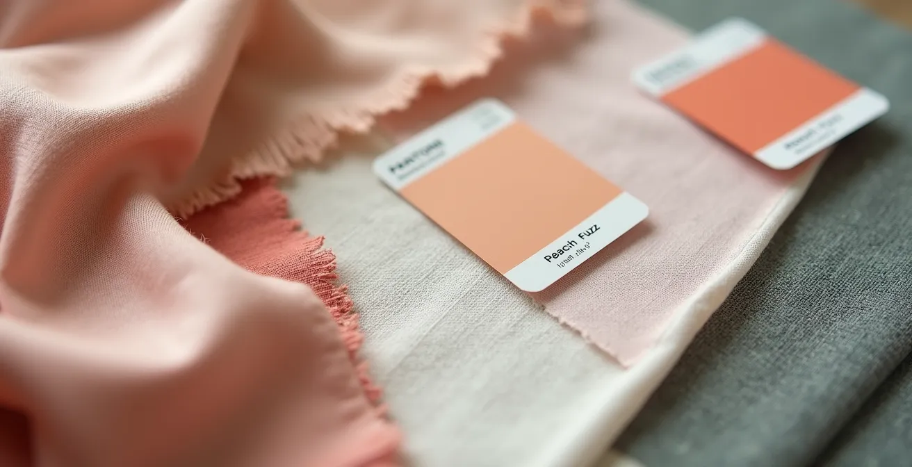 Detailaufnahme verschiedener Stofftexturen und Farbpaletten auf einem Arbeitstisch, die den Prozess der Trendanalyse symbolisieren.