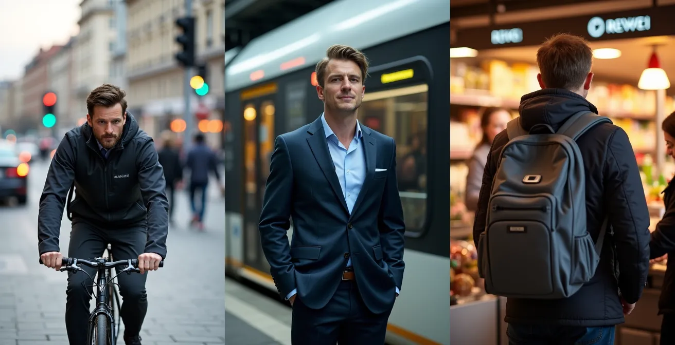 Verschiedene Pendlertypen mit angepasster funktionaler Mode in deutschen Städten