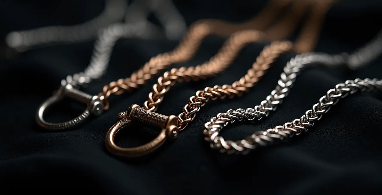 Makroaufnahme verschiedener Kettenarten in Gold: Anker-, Panzer- und Schlangenkette