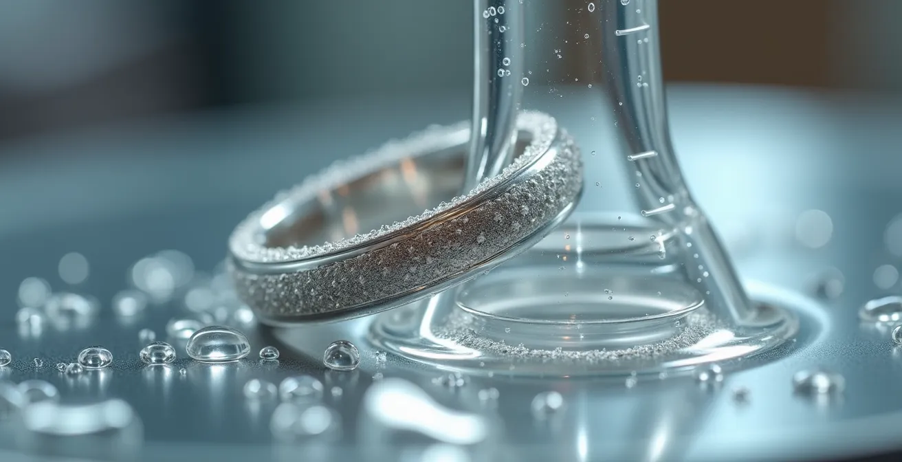 Makroaufnahme von Weißgoldring während professioneller Rhodinierung mit sichtbaren Wassertropfen
