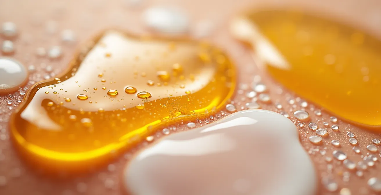 Makroaufnahme von verschiedenen Serum-Texturen auf Haut