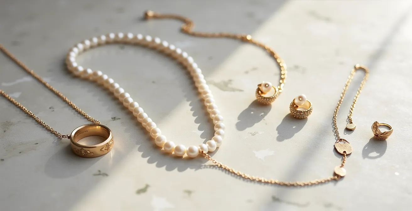 Elegante Komposition zeitloser Schmuckklassiker auf edlem Hintergrund