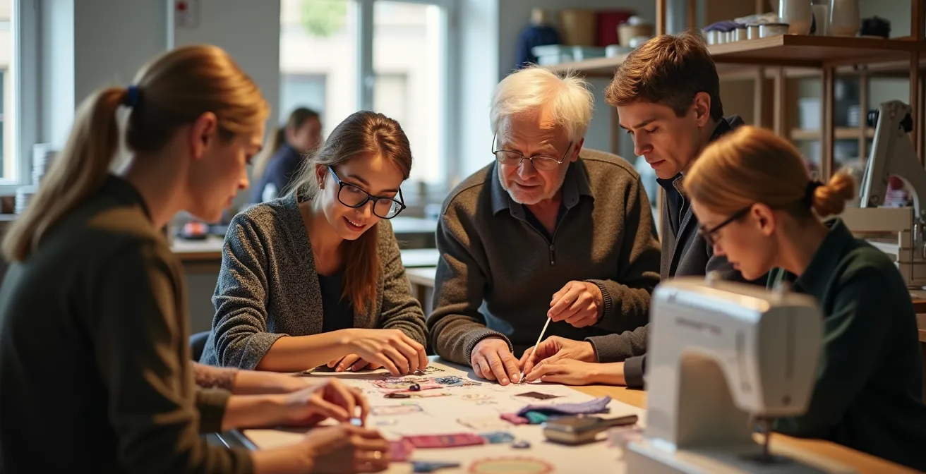 Eine Gruppe von Menschen unterschiedlichen Alters arbeitet in einem hellen, nachhaltigen Mode-Atelier in Deutschland zusammen.