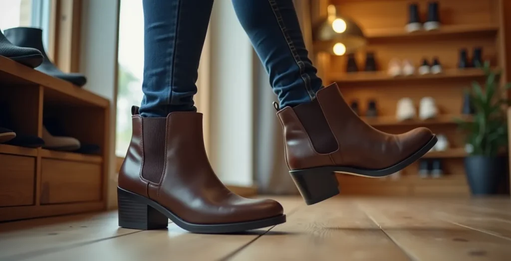 Kundin testet Stiefeletten im Schuhgeschäft mit verschiedenen Bewegungen Kundin testet Stiefeletten im Schuhgeschäft mit verschiedenen Bewegungen