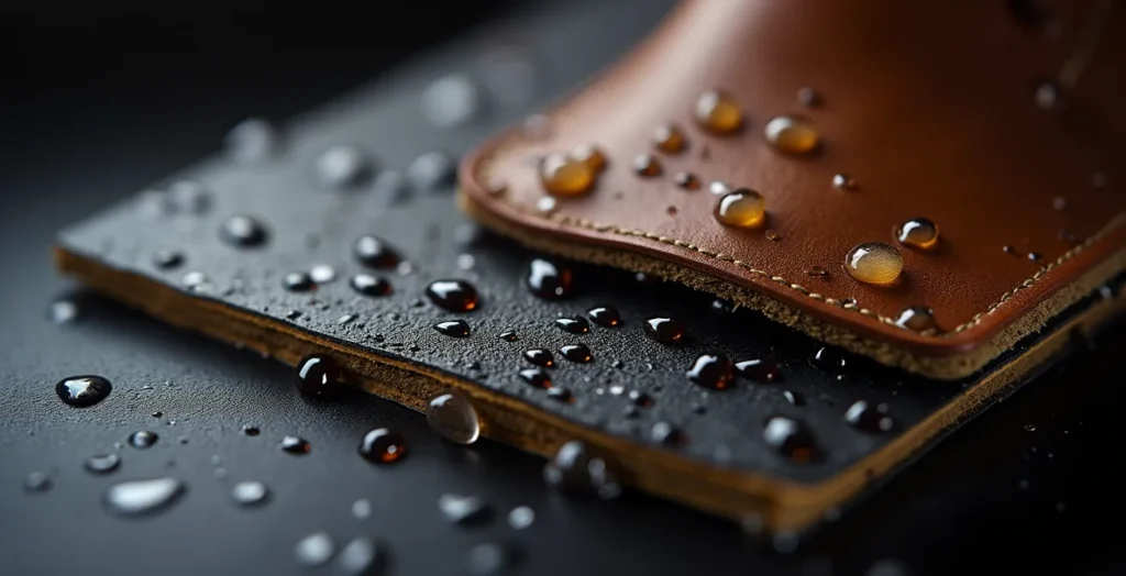 Makroaufnahme verschiedener Stiefeletten-Materialien mit Wassertropfen Makroaufnahme verschiedener Stiefeletten-Materialien mit Wassertropfen